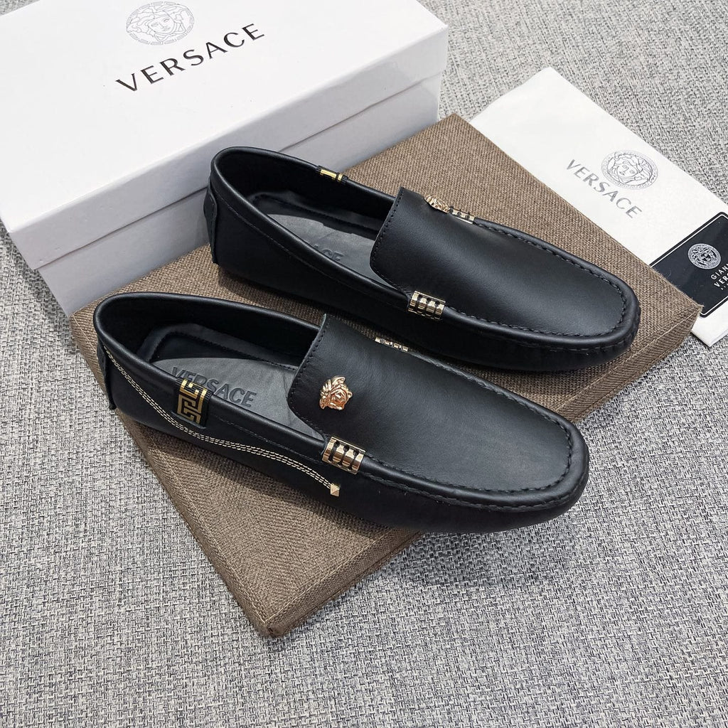 Versace Black Leather Loafers with Gold-Tone Accents